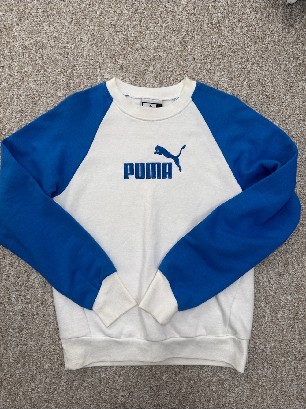 Puma White Crewneck Sweatshirt with Blue Raglan Sleeves